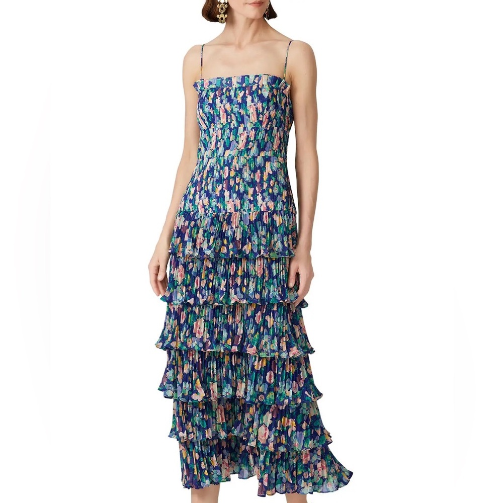 AMUR Women's Floral Tiered Pleated Viola Floral‎ Midi Dress Blue Pink Size 0